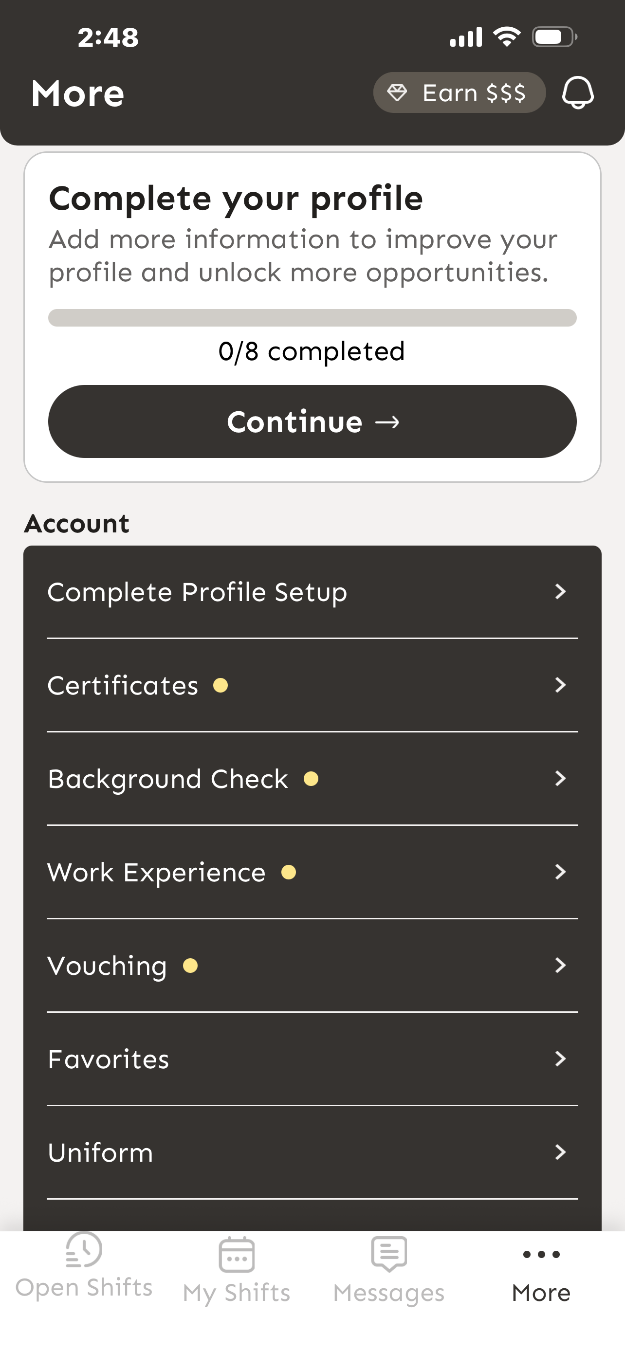 More tab showing Certificates option