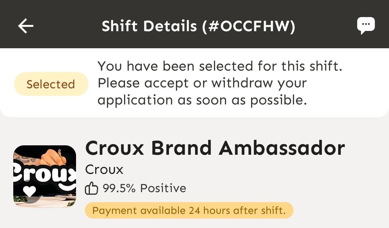 Shift status showing Selected