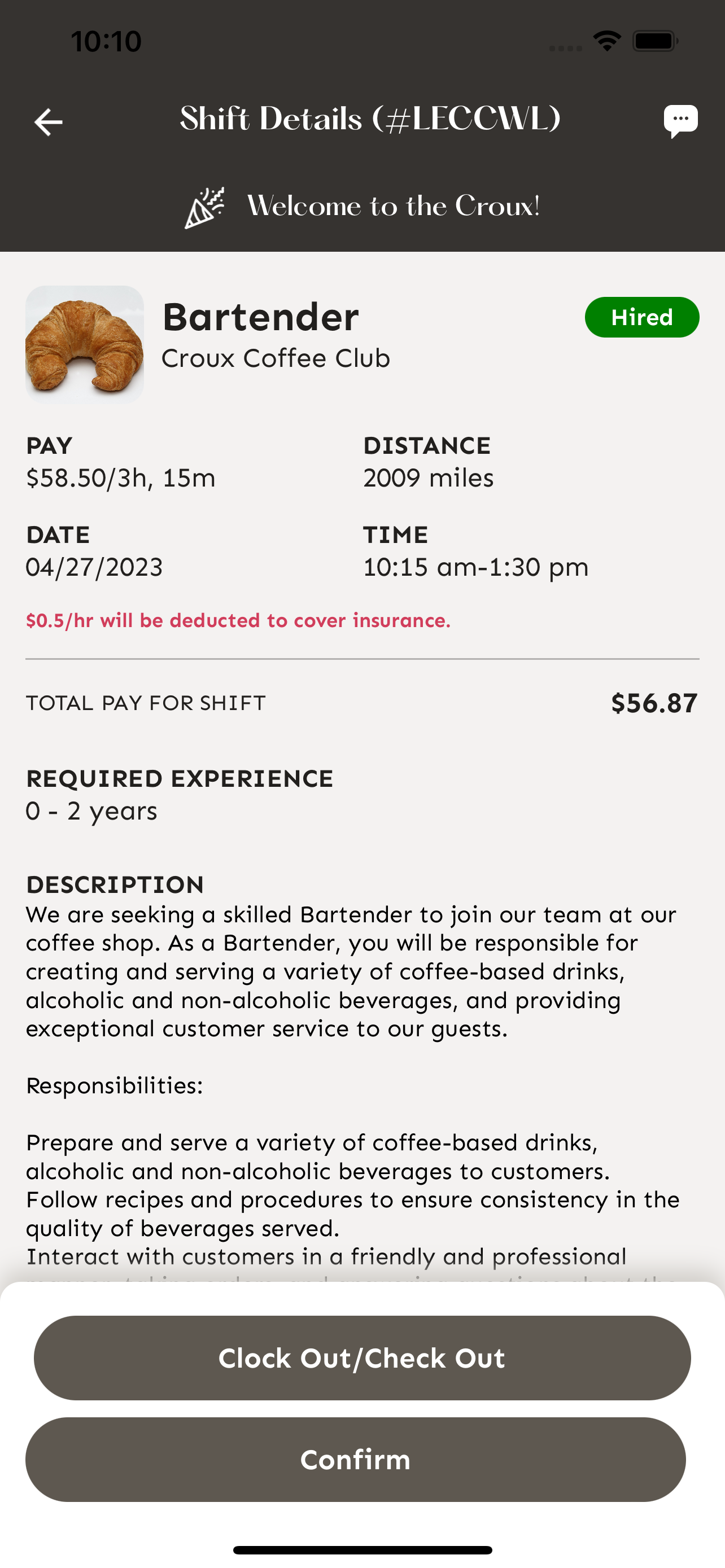 Shift details with Clock Out button
