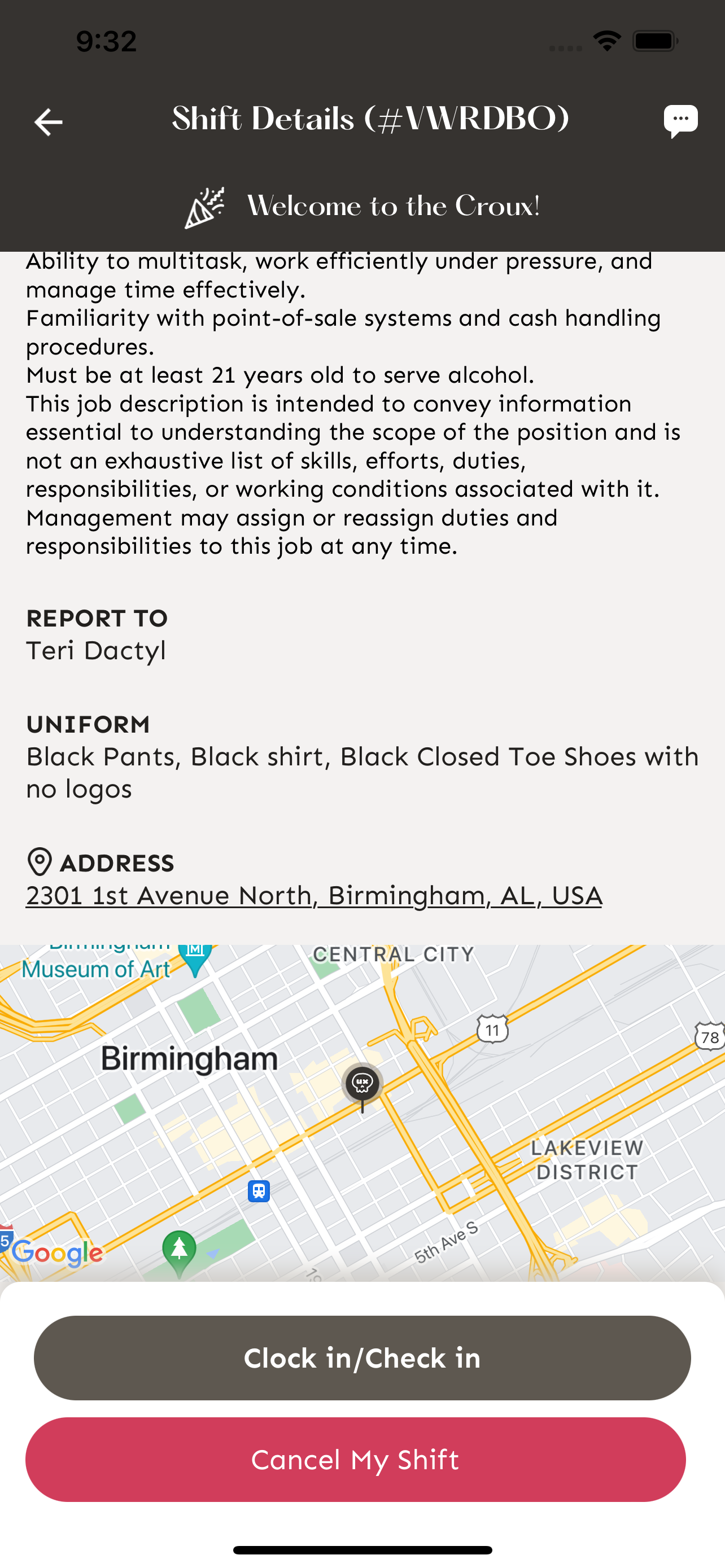 Shift details with Clock In button