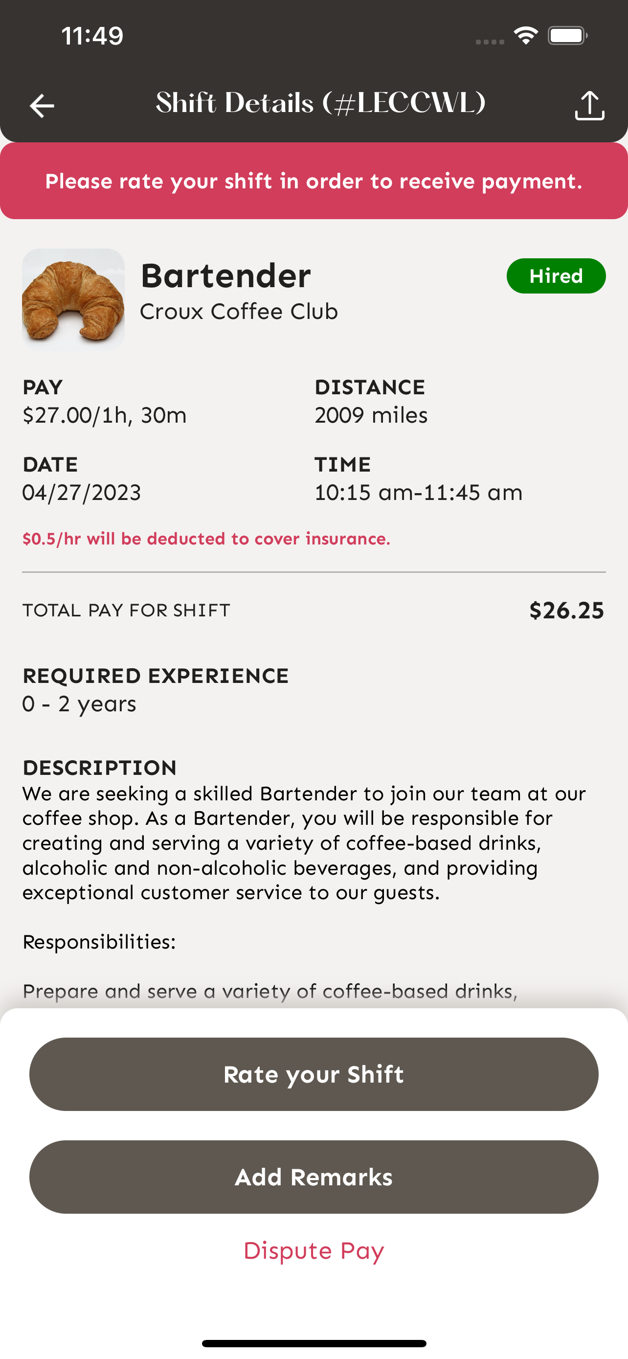 Rate your shift screen after completion