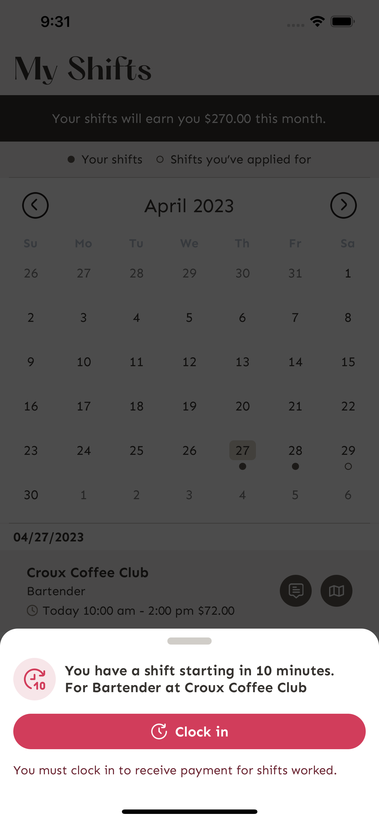 Clock-in notification popup
