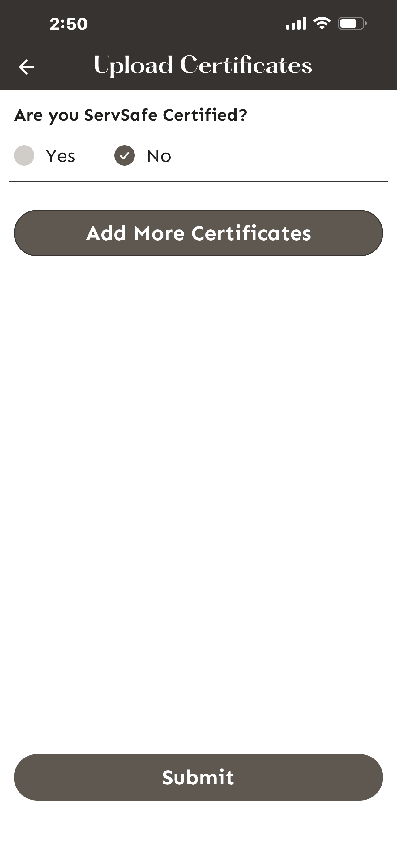 Certificates — No ServSafe selected