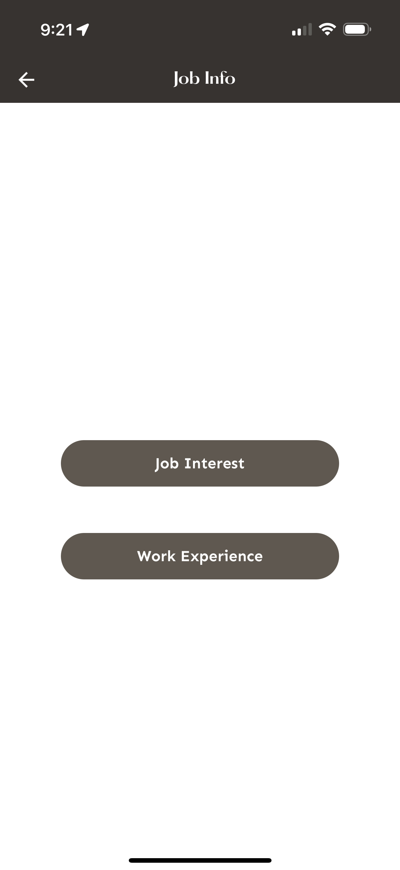 Job Info screen showing Job Interest and Work Experience options