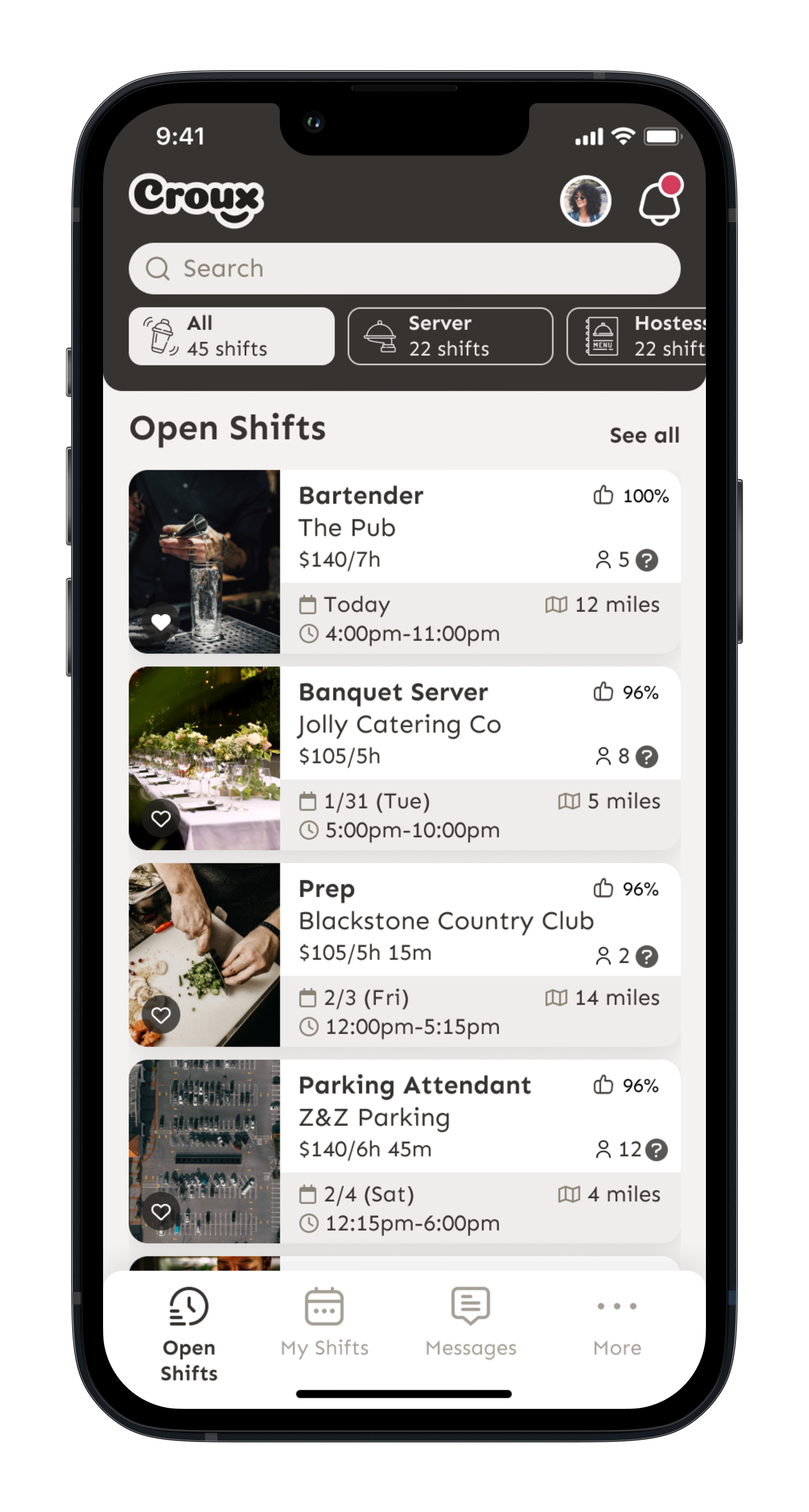 Open shifts screen in Croux app