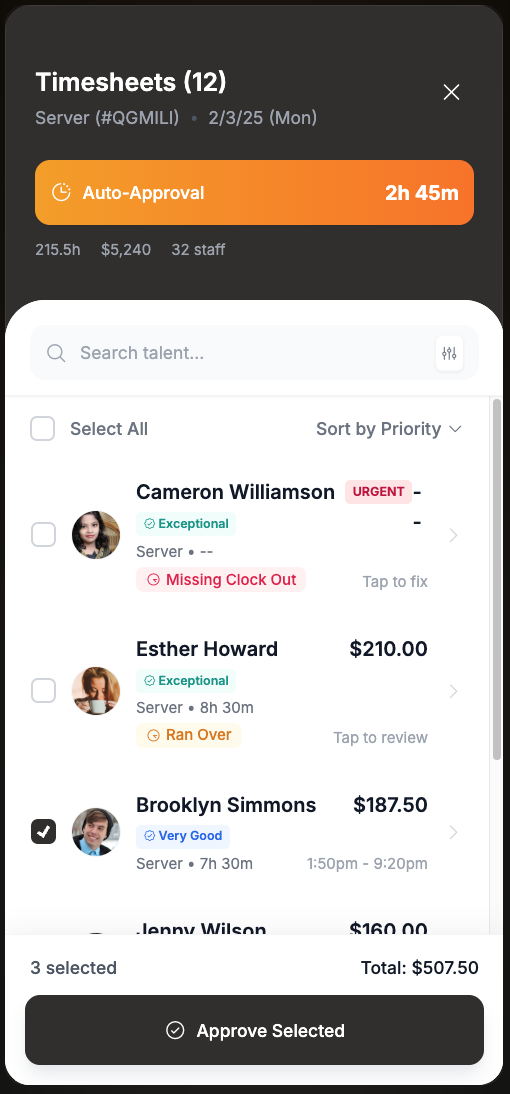 Mobile timesheet list showing auto-approval countdown timer