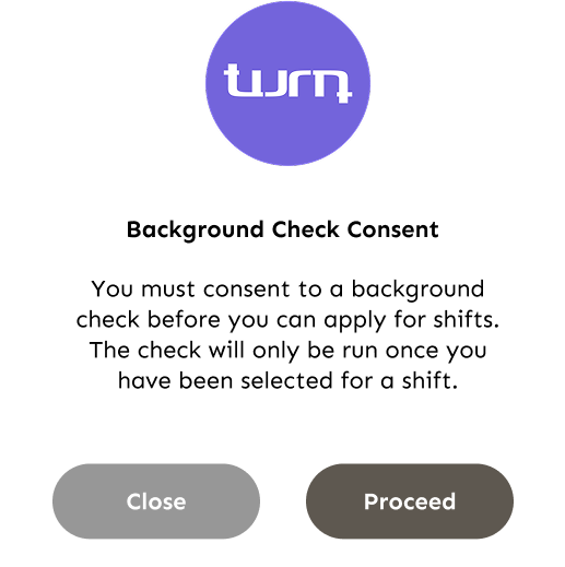 Background Check Consent popup - tap Proceed to begin
