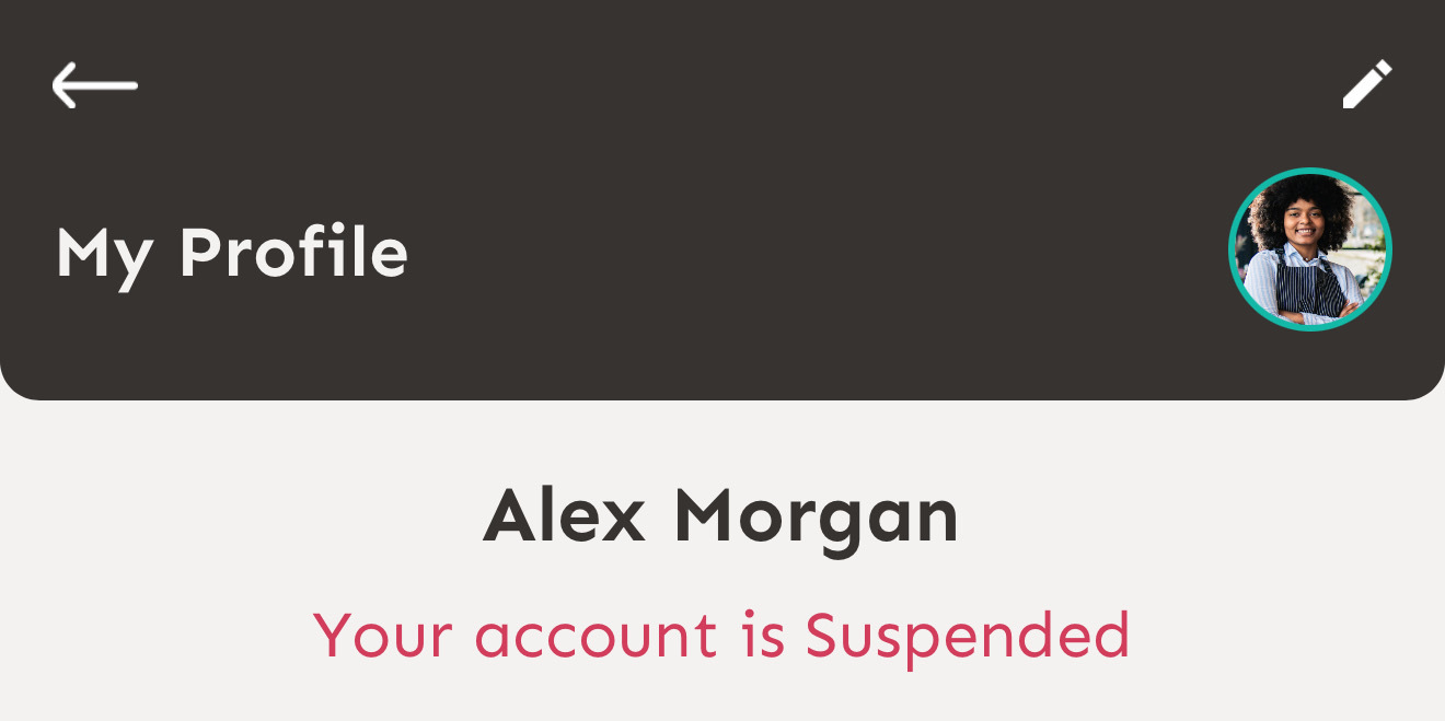 My Profile screen showing Your account is Suspended status