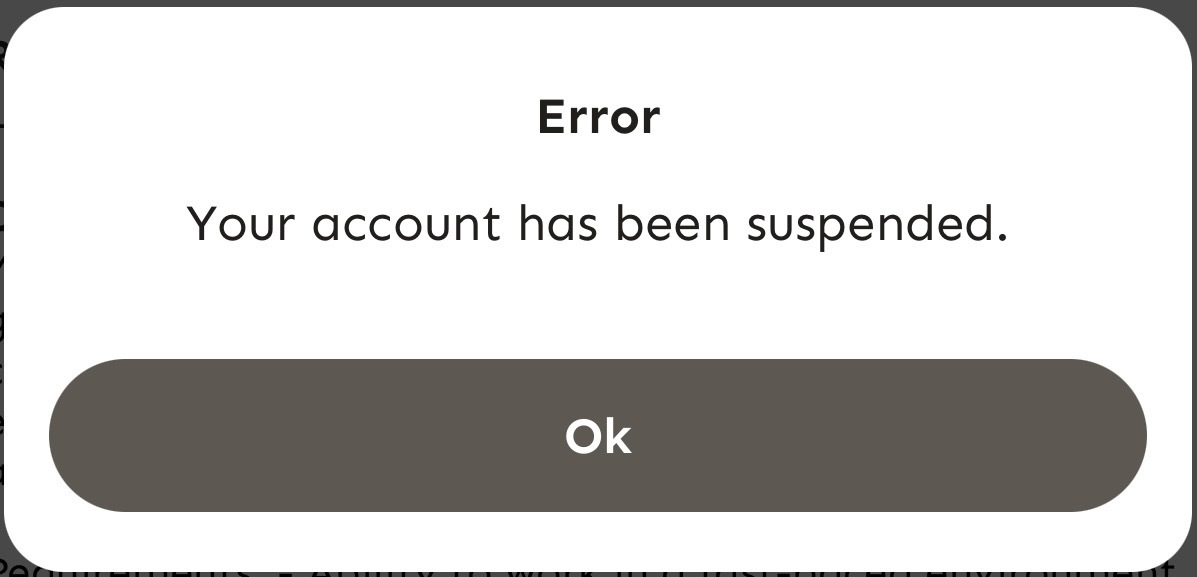 Error popup - Your account has been suspended