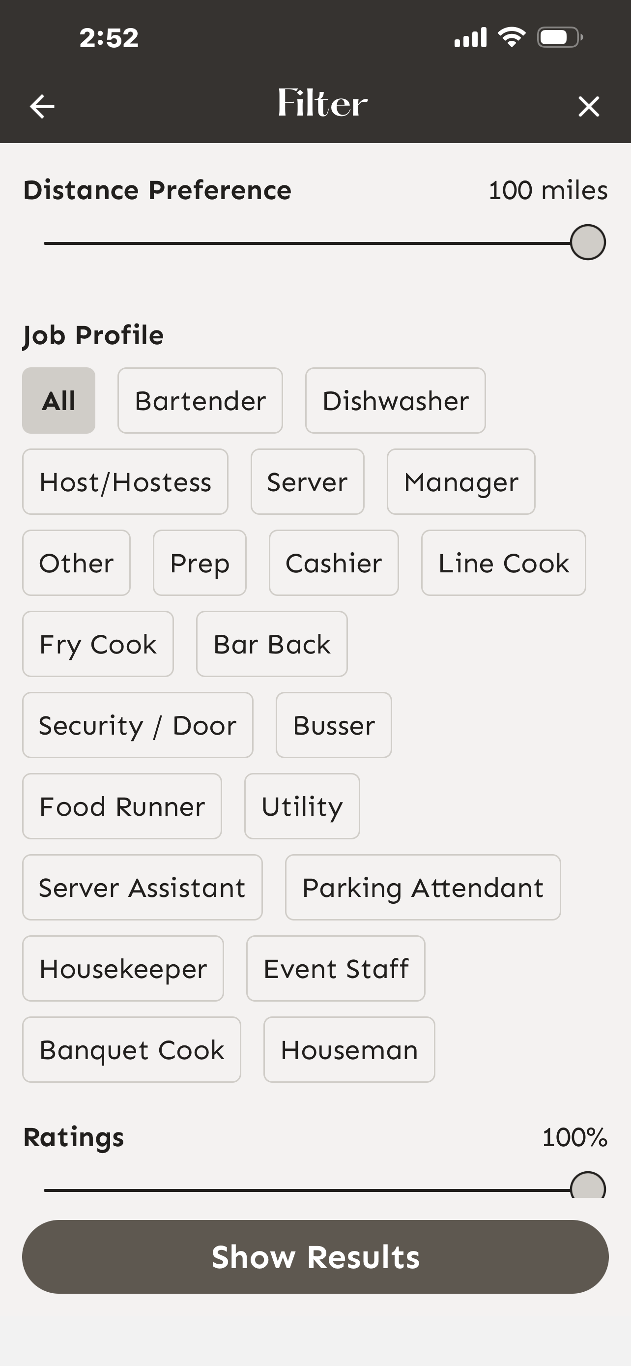 Filter options — distance, job profiles, timing