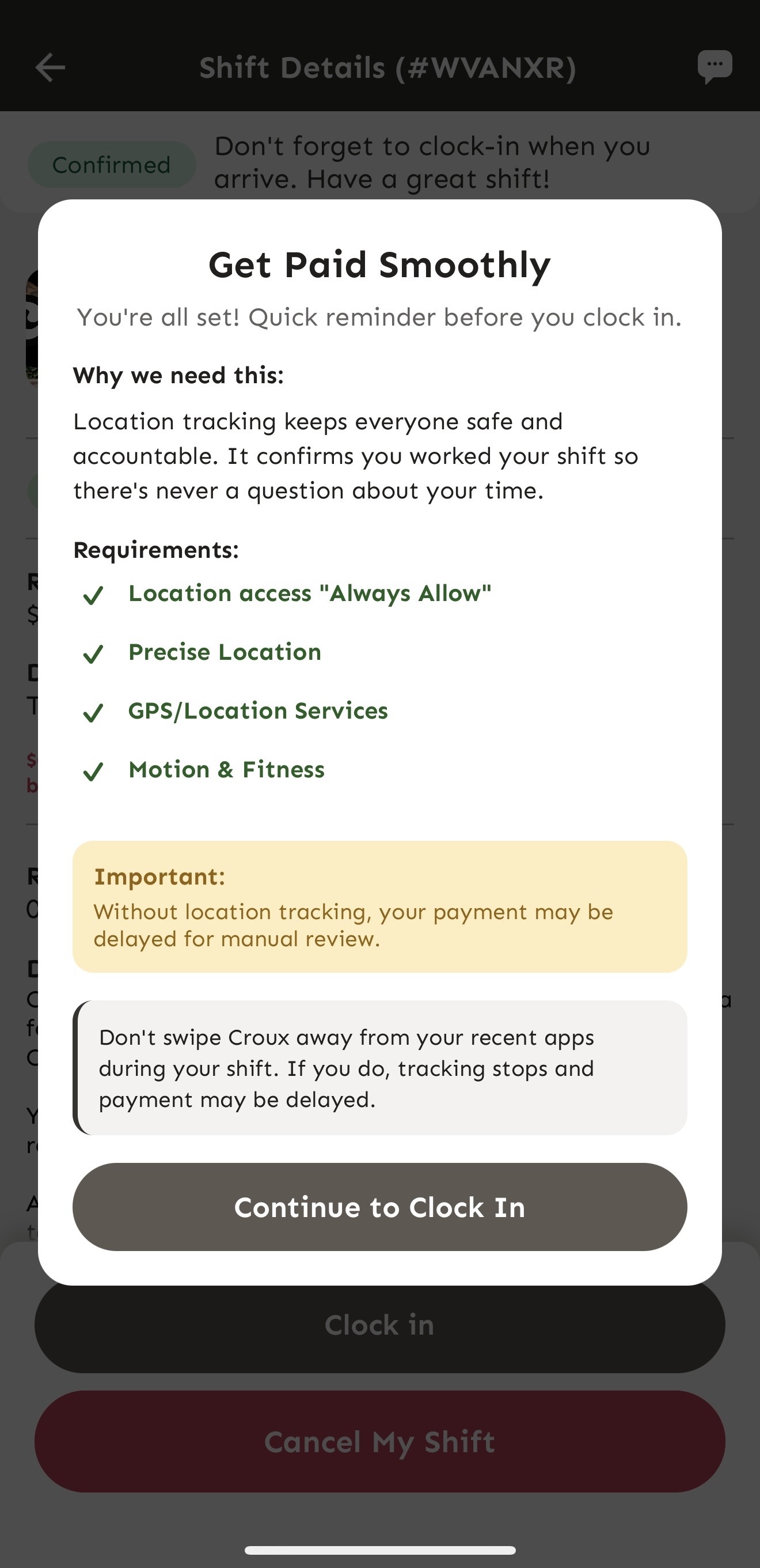 Requisitos de ubicación antes de marcar entrada