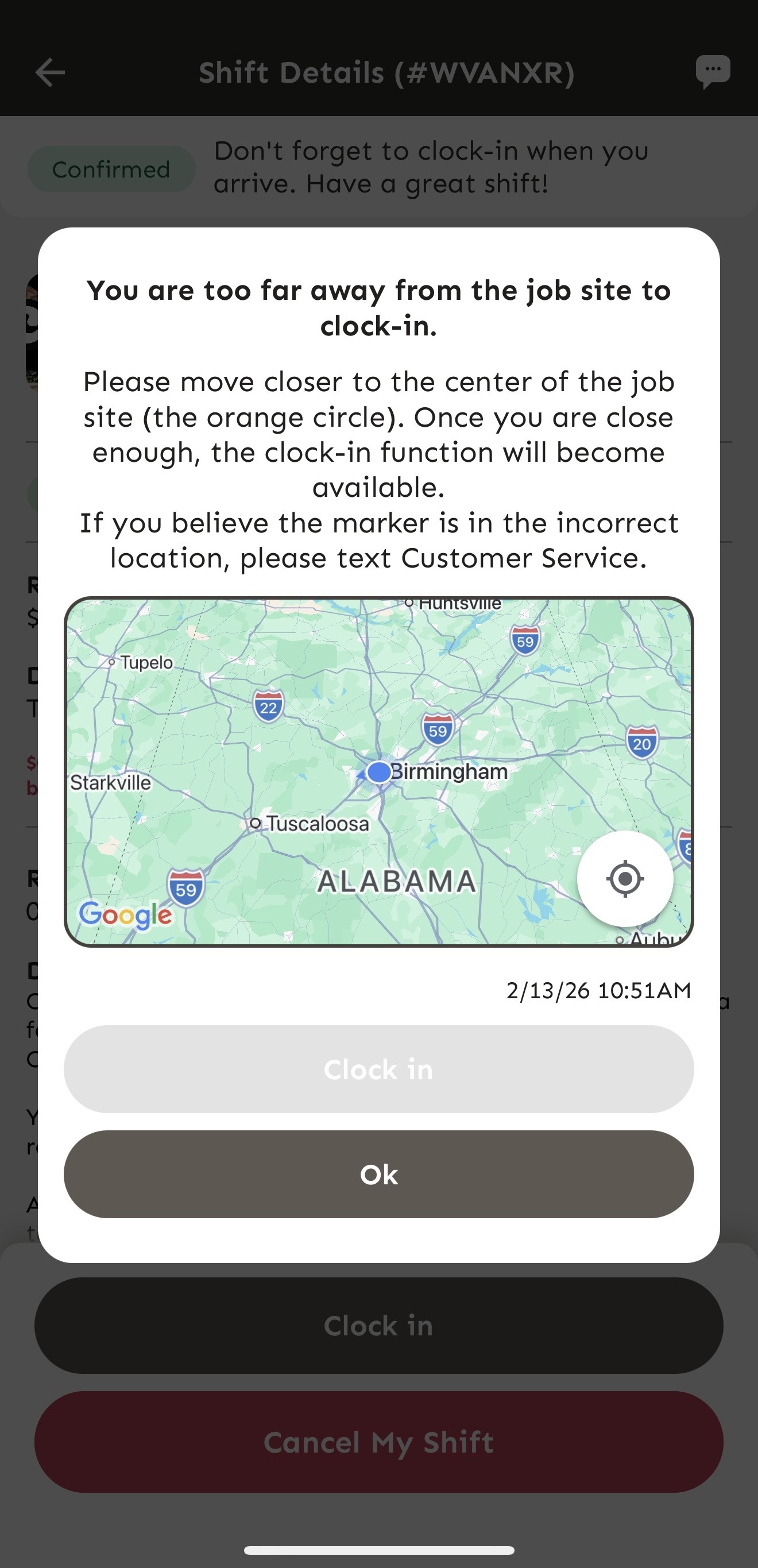 Error de GPS, demasiado lejos del lugar de trabajo