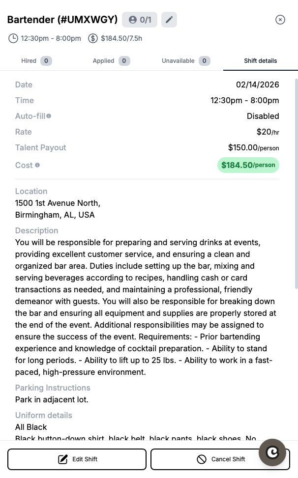Detalles del turno que muestran el botón Cancel Shift