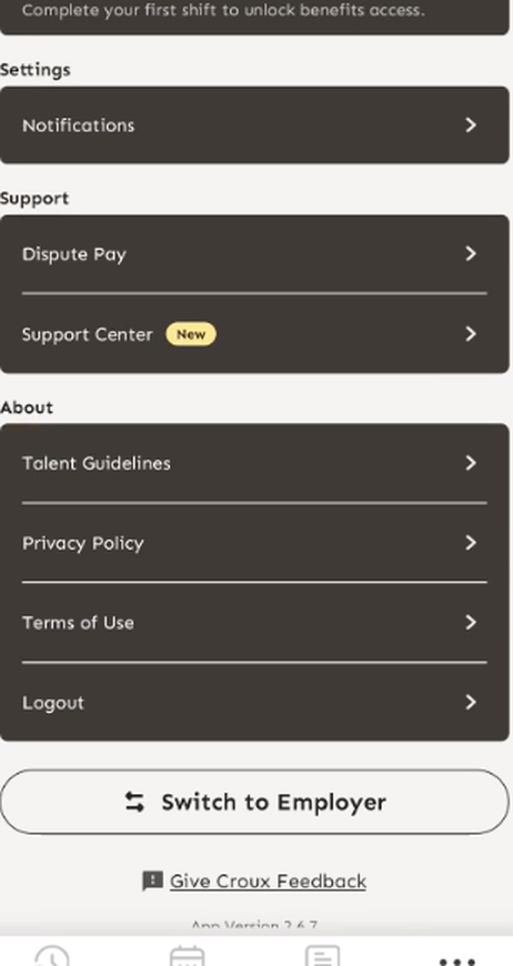 Support Center option in More menu