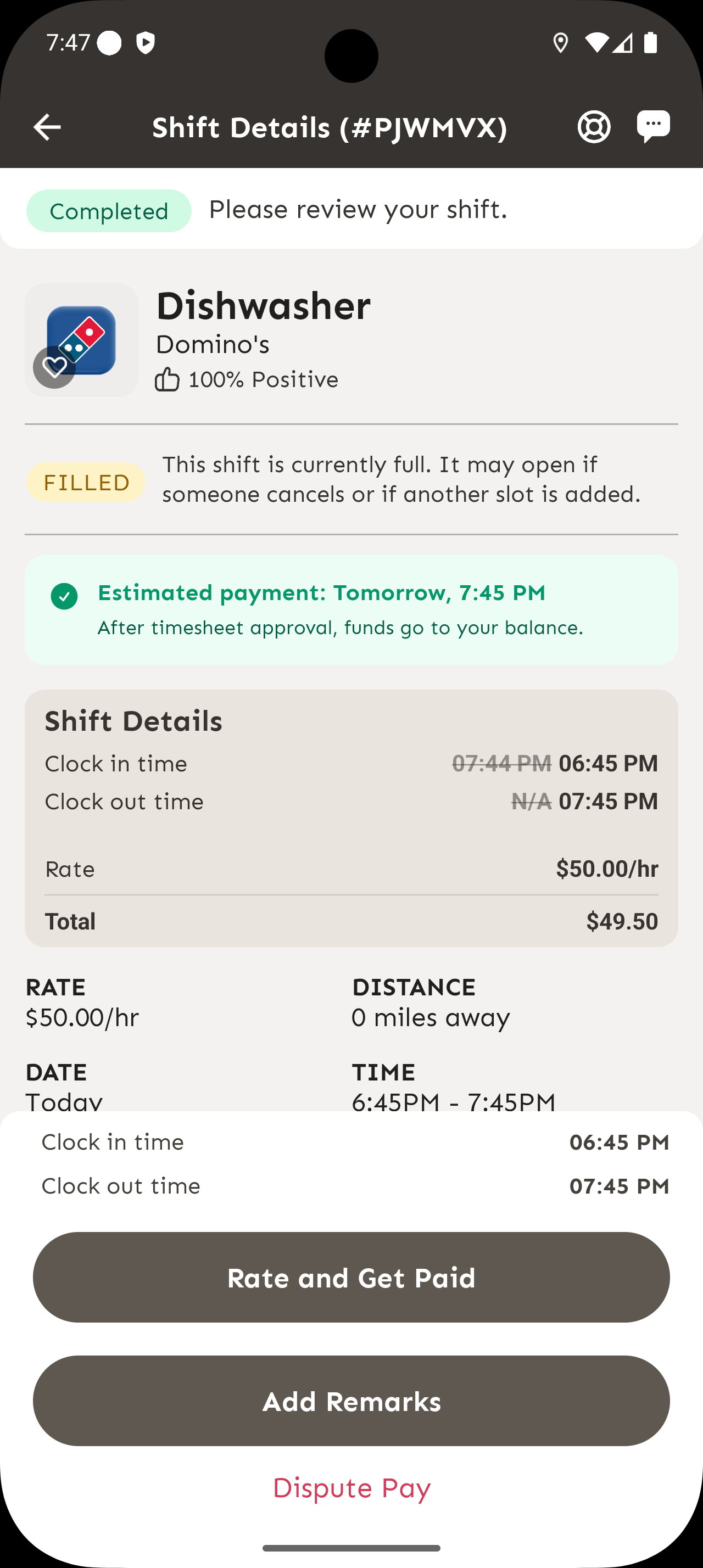 Shift details showing estimated payment time