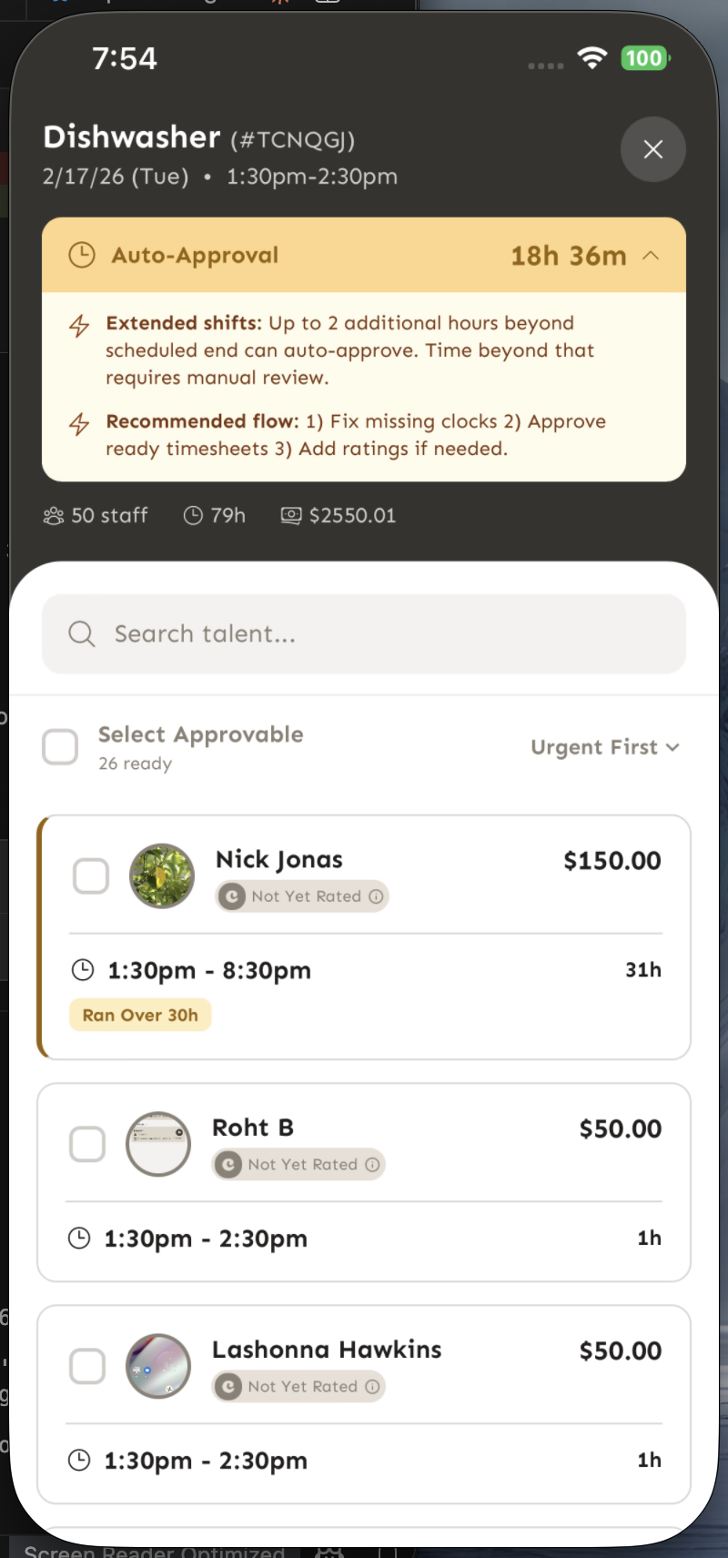 Mobile timesheet list showing auto-approval countdown