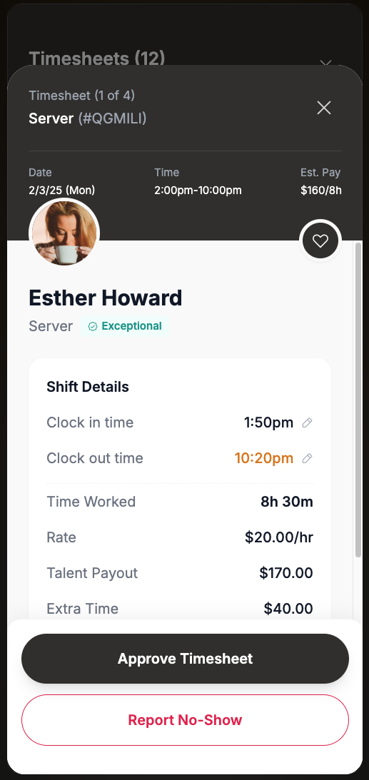 Timesheet detail screen showing Approve Timesheet and Report No-Show buttons