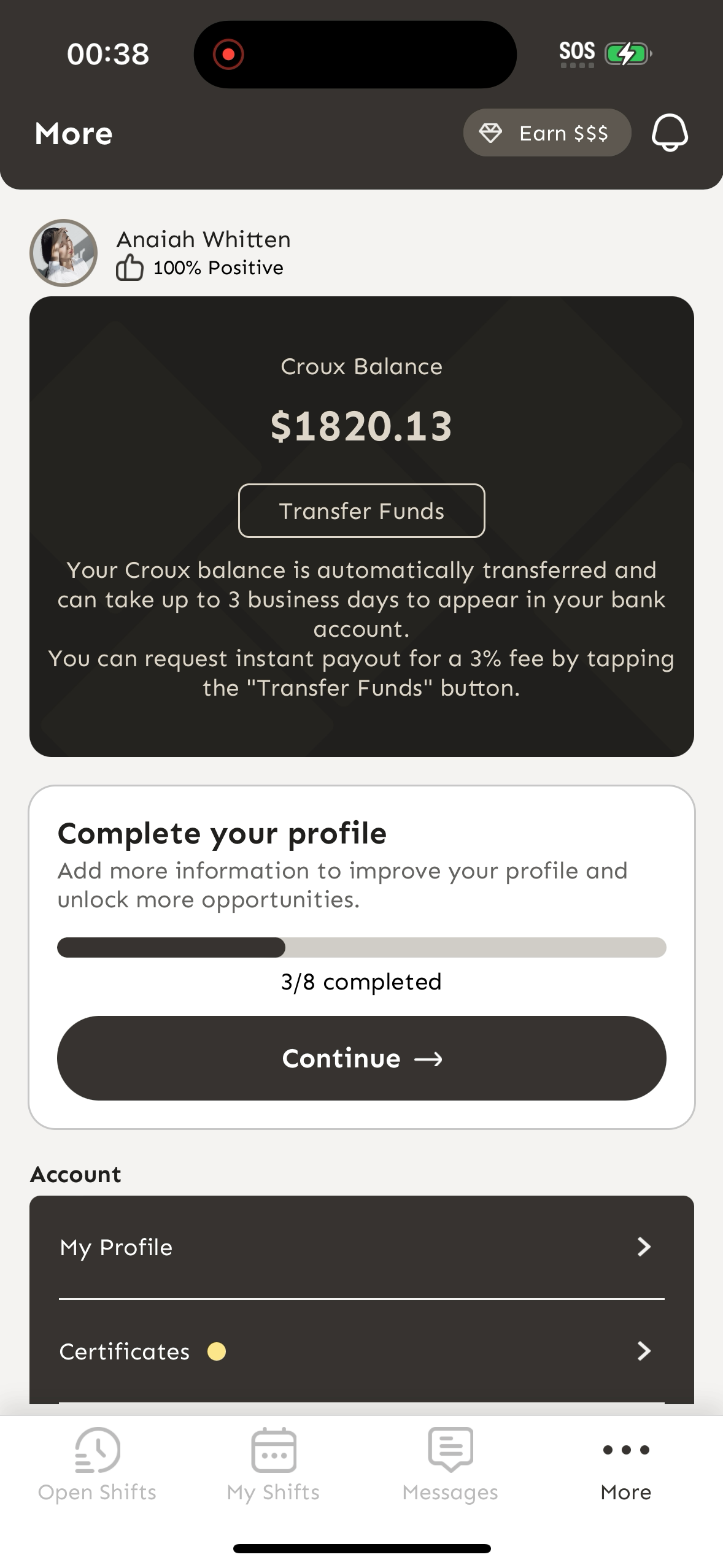 Trust Score showing 100% Positive in the Croux app More tab