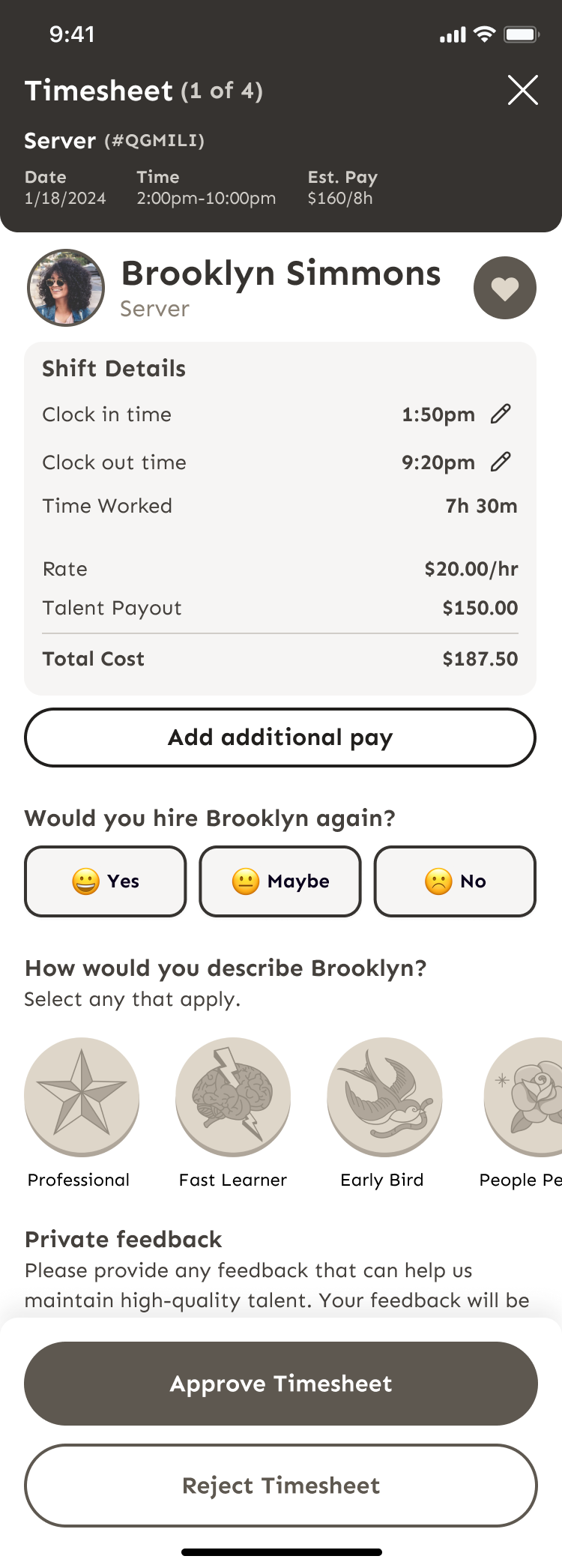 Rating talent screen with tip option