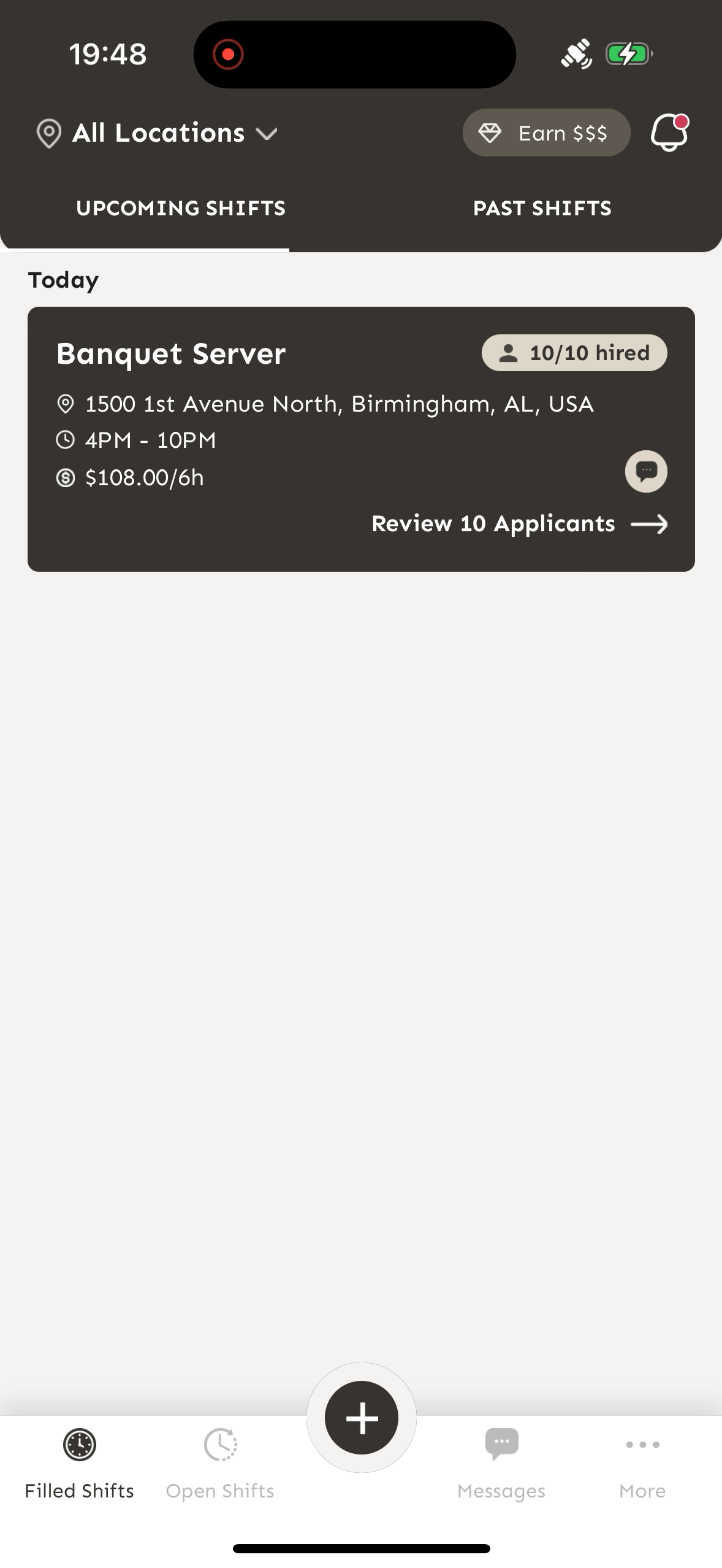 Business home dashboard showing shift