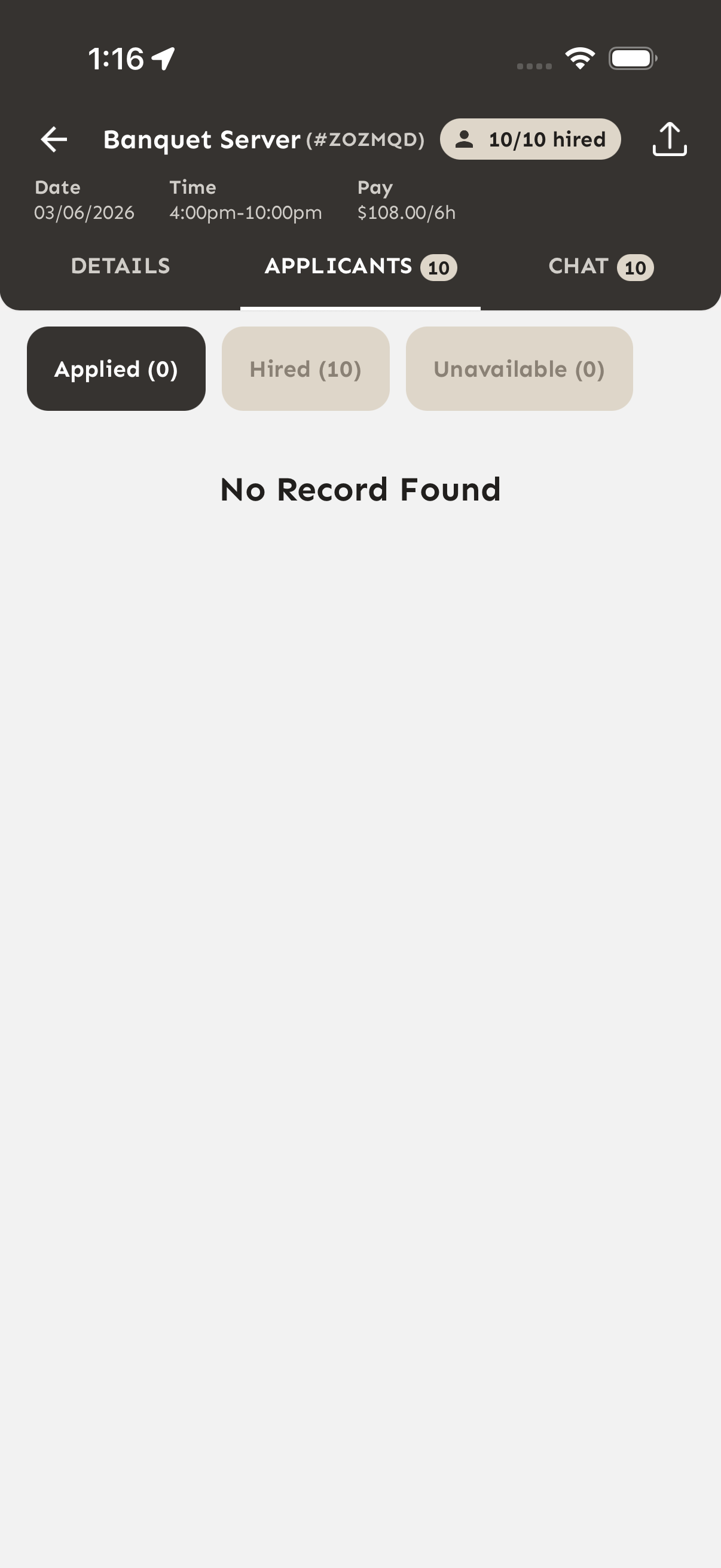 Hired applicants list with rating and No Show options
