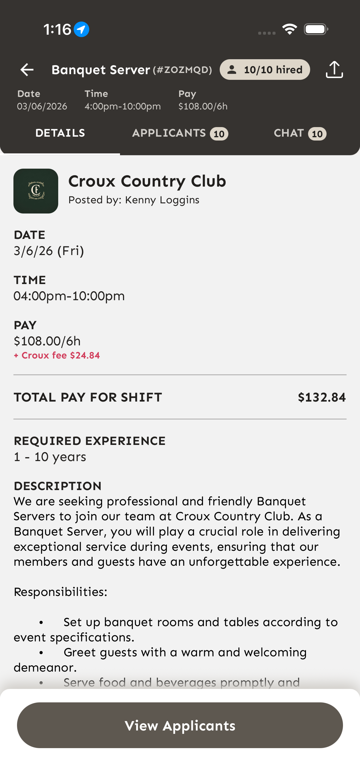 Shift detail view showing Details, Applicants, and Chat tabs