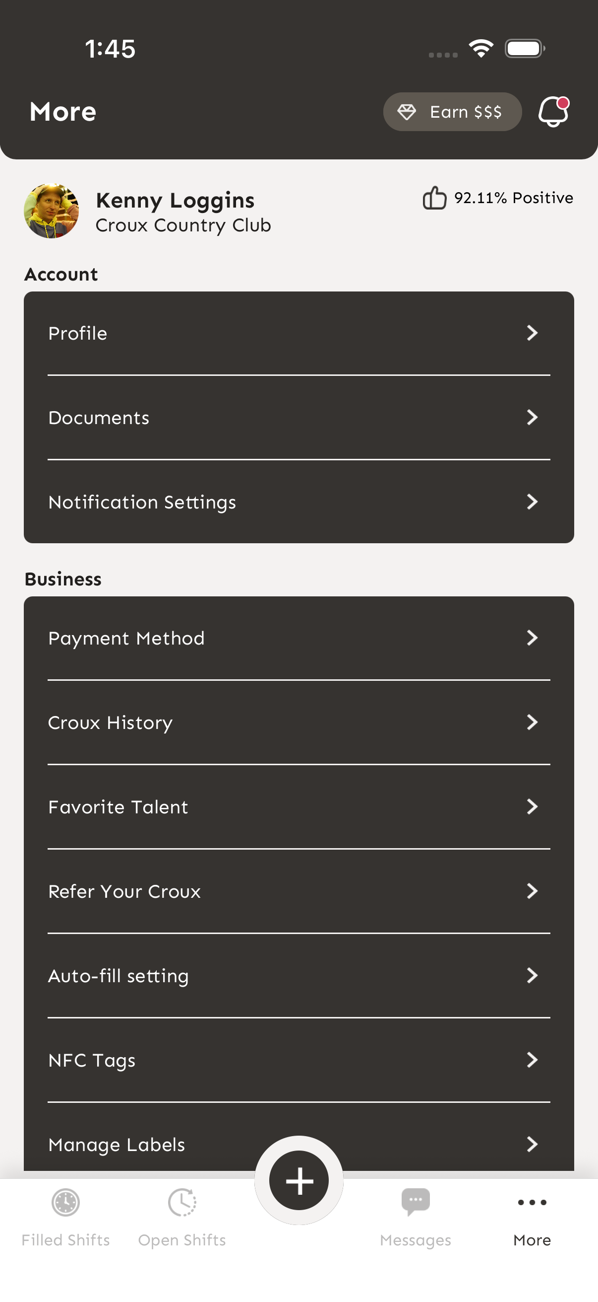 More menu showing Account and Business settings