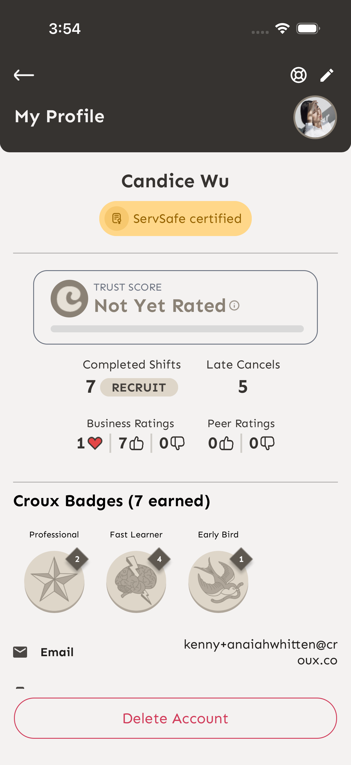 Talent profile showing Trust Score, completed shifts, badges, and ratings
