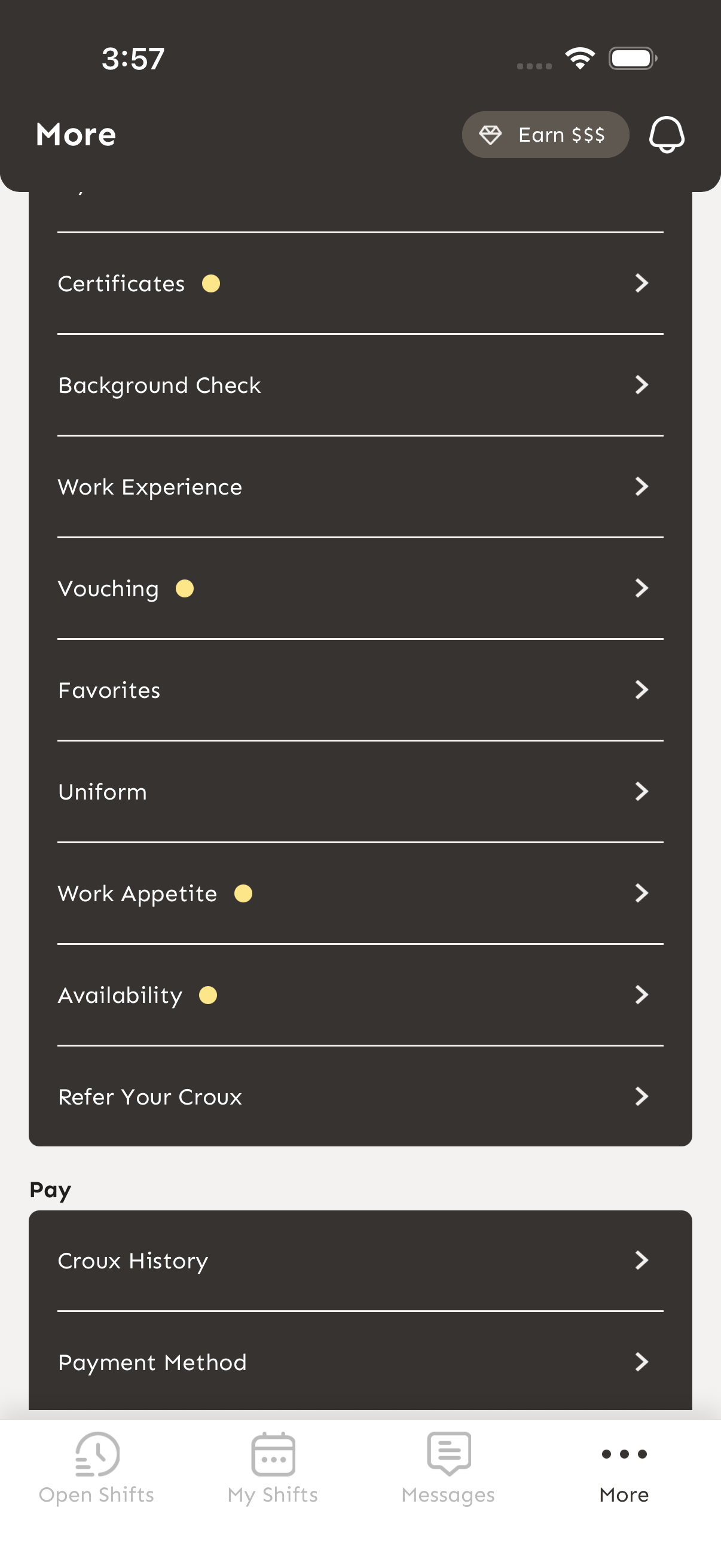 More menu showing Uniform option in the account settings