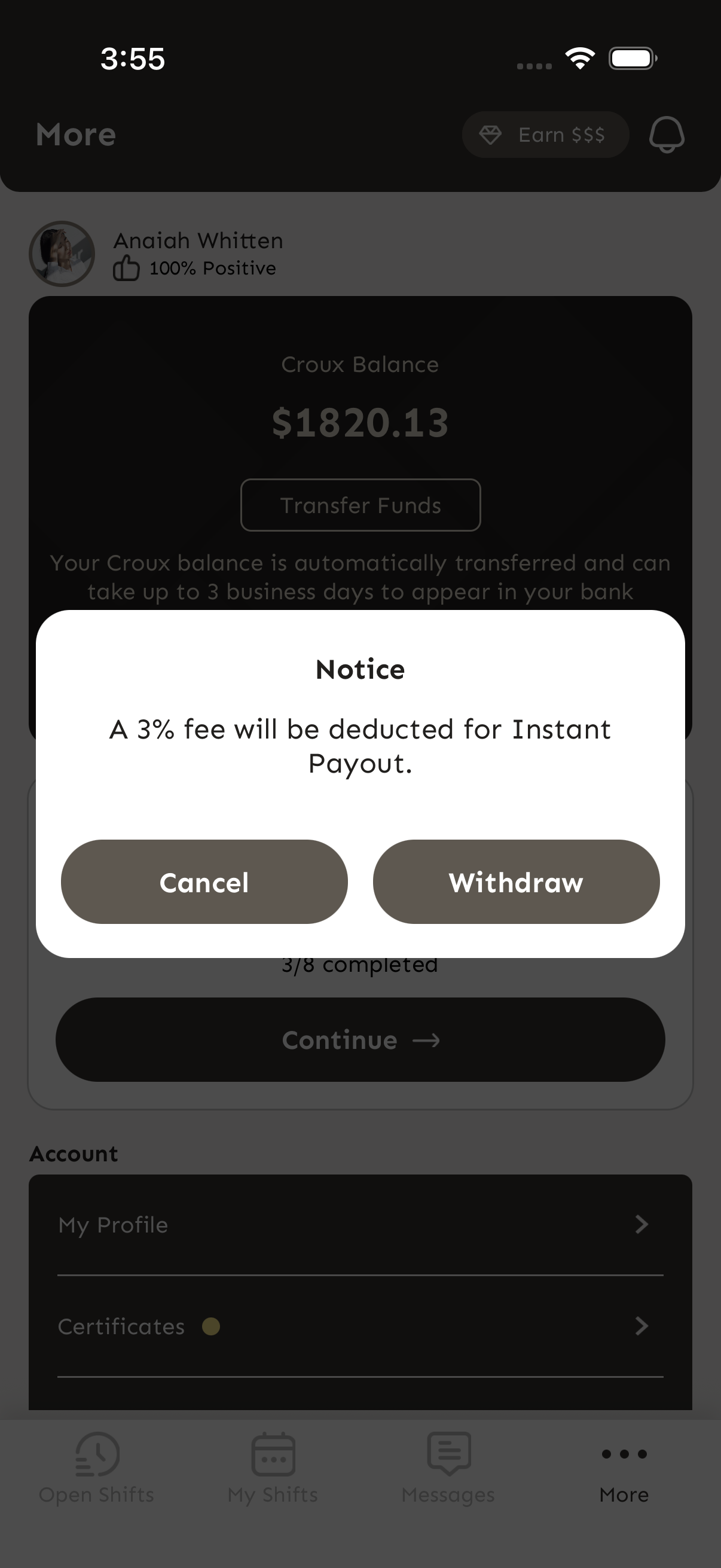 Instant payout confirmation showing 3% fee with Cancel and Withdraw buttons