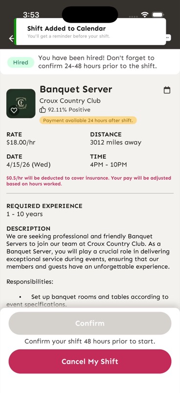 Shift Added to Calendar confirmation
