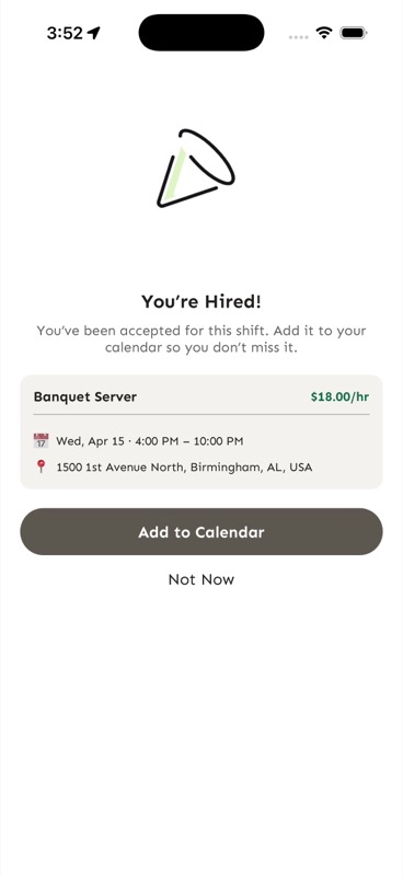 You're Hired screen with Add to Calendar button