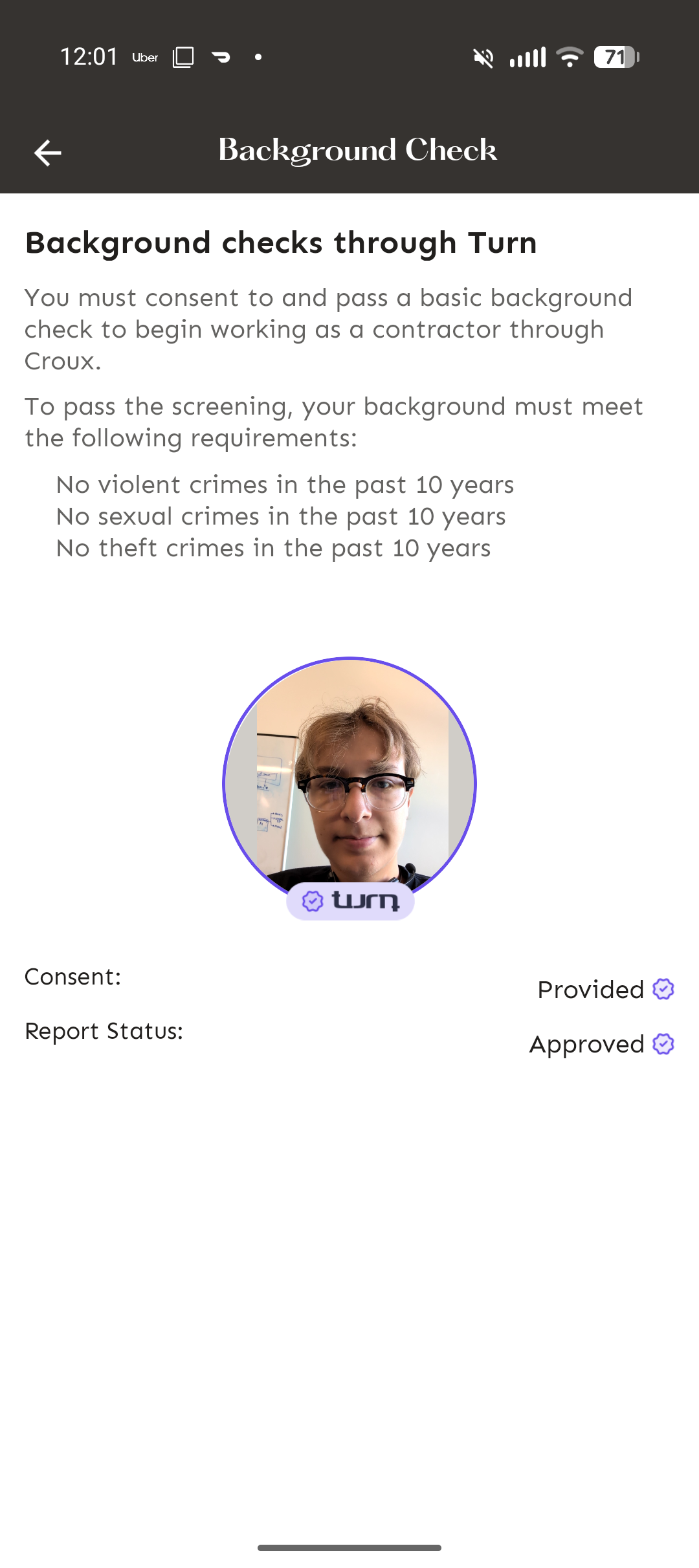 Background check screen showing consent provided and report approved