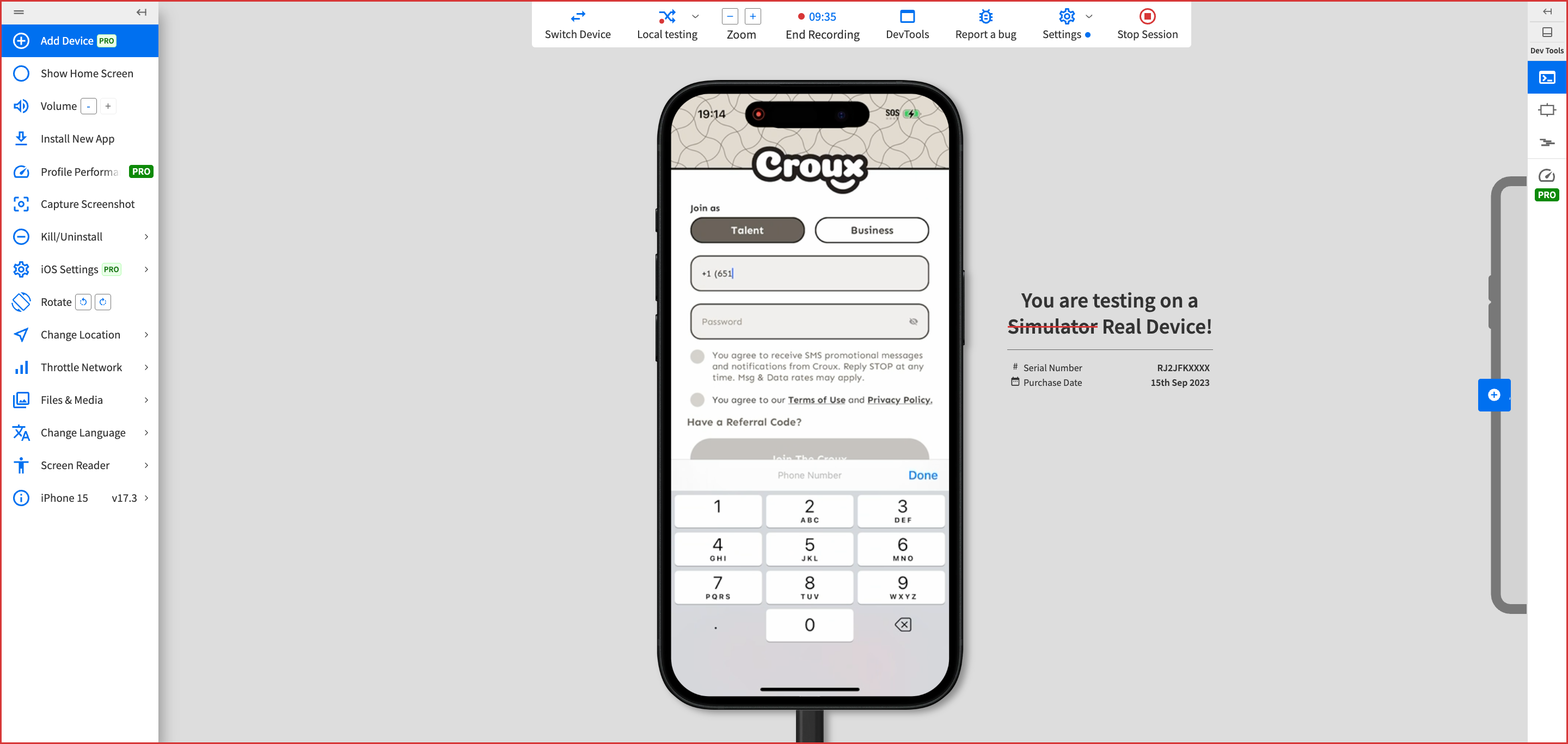 Croux sign-up screen showing Talent and Business options