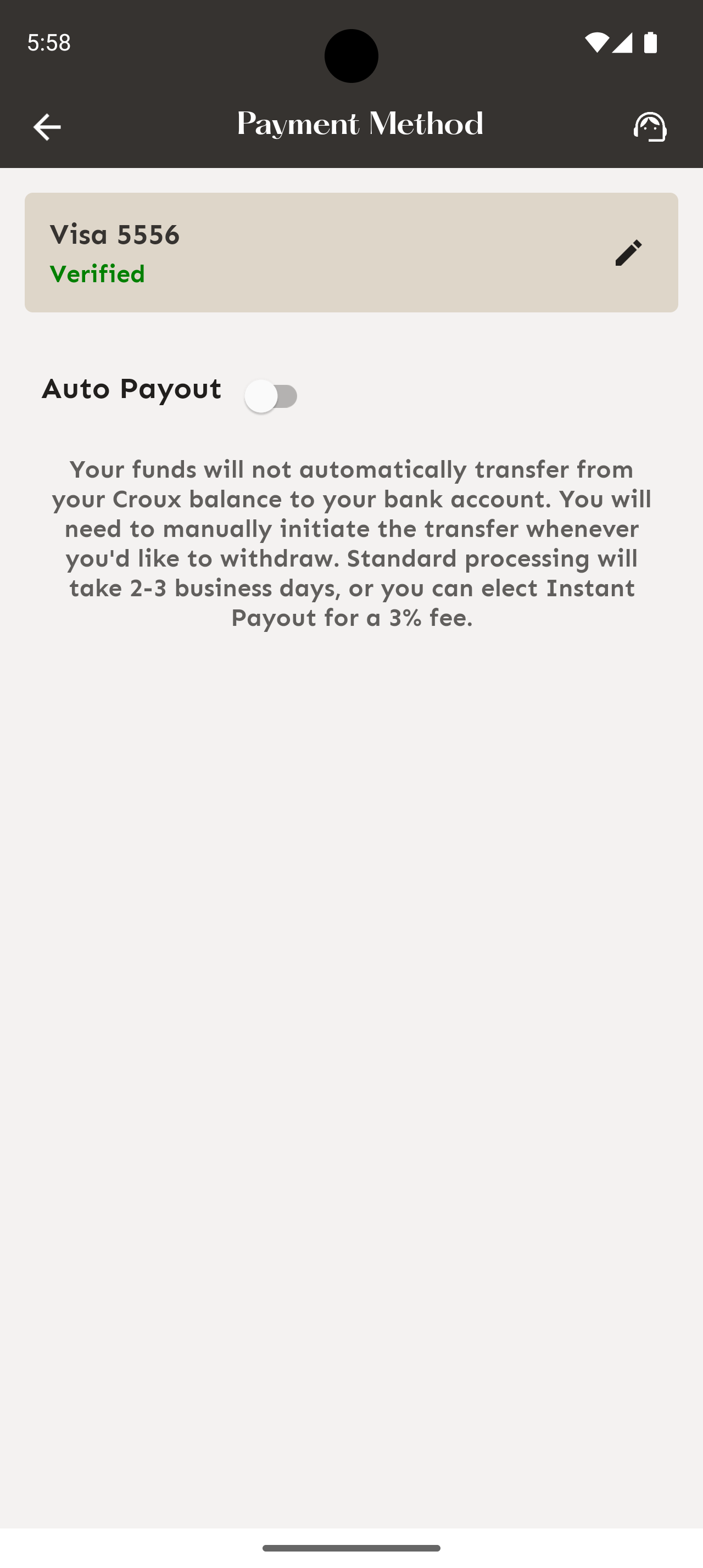 Stripe payment method screen showing verified card and payout options