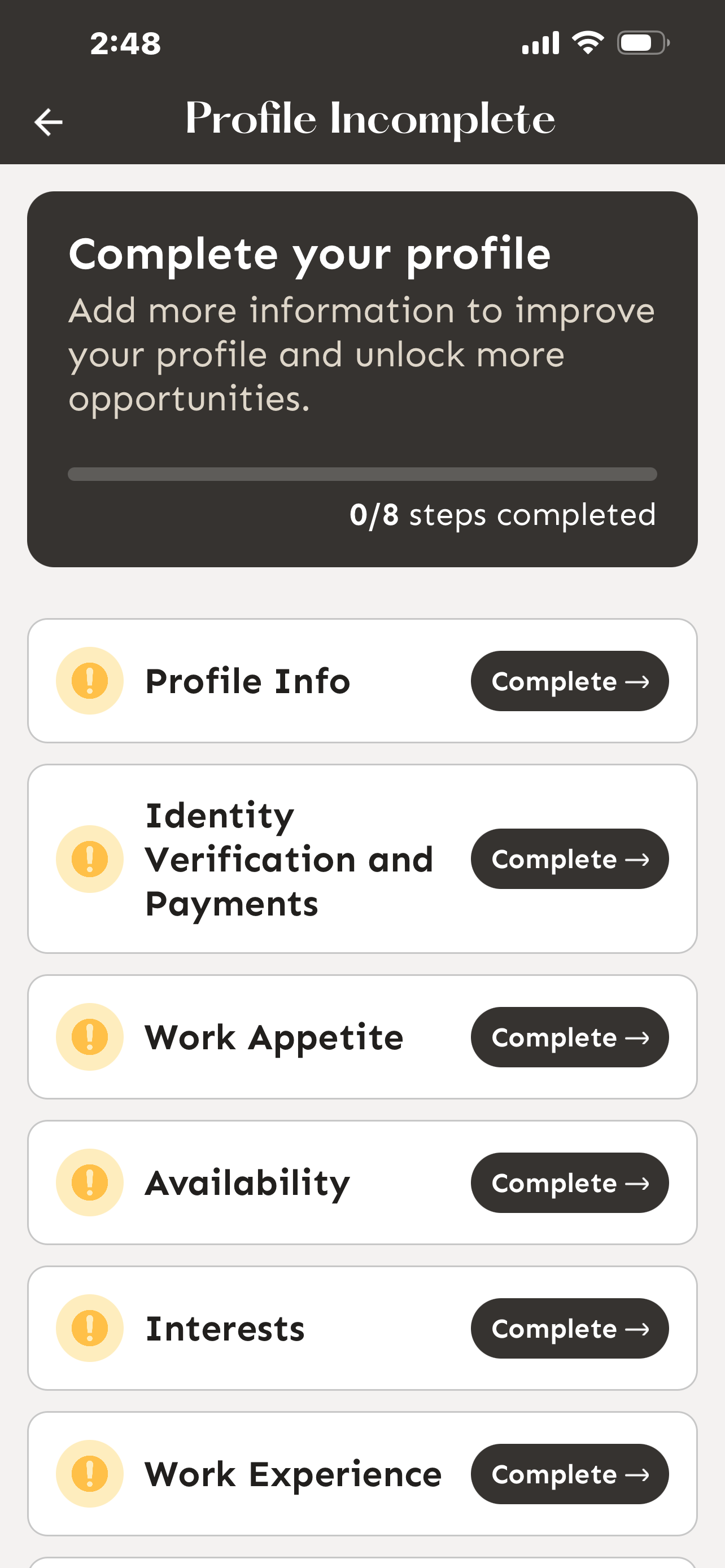 Profile screen showing completion progress bar