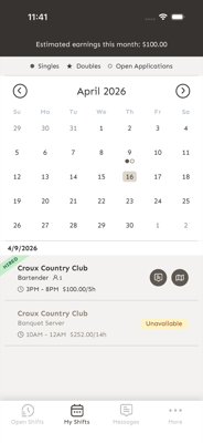 My Shifts calendar view in Croux app