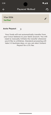 Payment Method screen showing Stripe verification status in Croux app