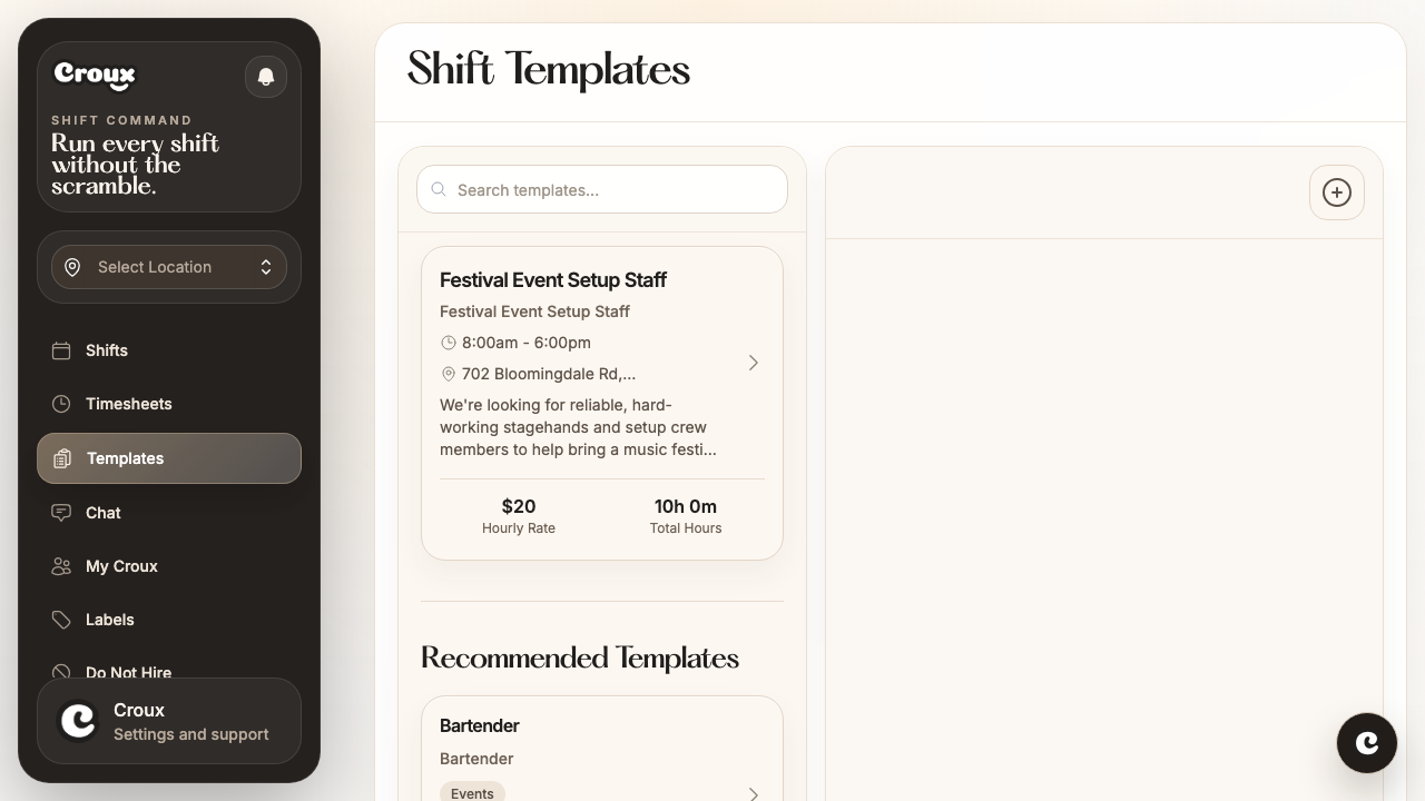 Shift Templates page showing saved templates like Festival Event Setup Staff