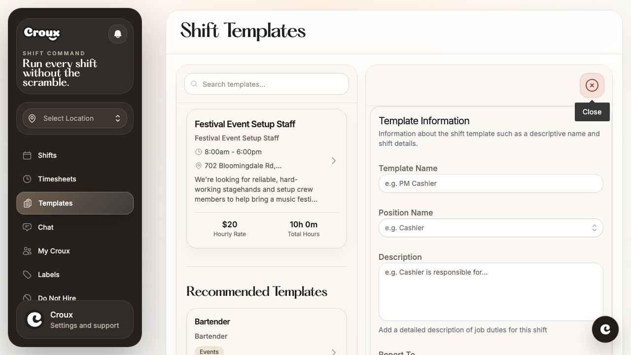 Template Information form showing Name, Position, and Description fields