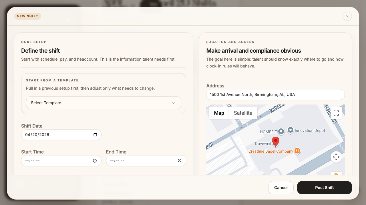 New Shift modal showing Core Setup and Location and Access sections