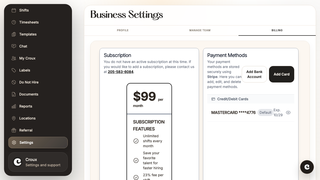 Business billing screen on web showing subscription and payment method