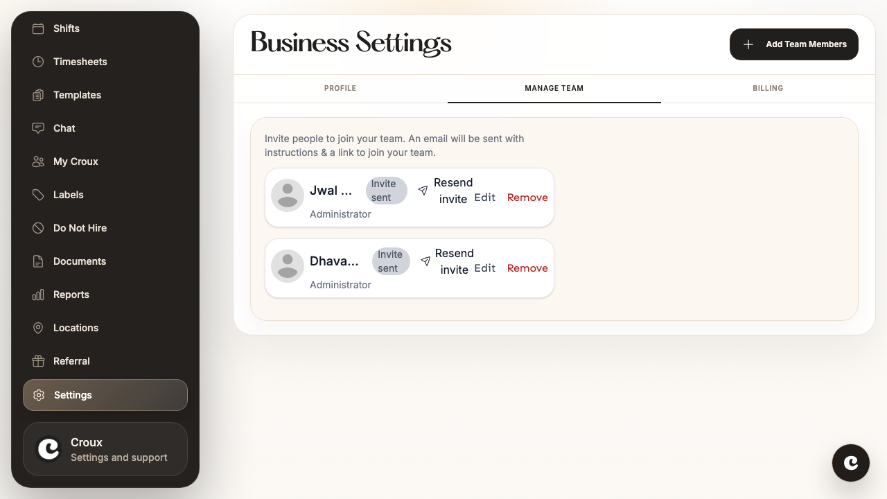Manage Team tab in Business Settings showing existing team members