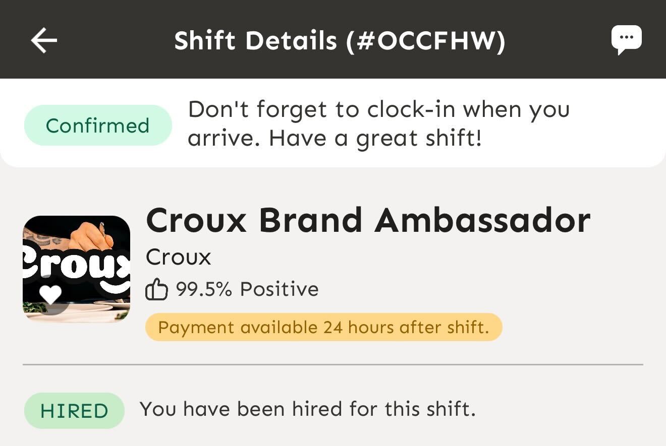 Shift Details screen showing a Confirmed status