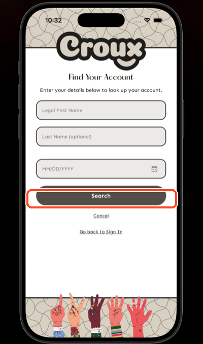 Find Your Account screen with fields for legal first name, last name, and date of birth
