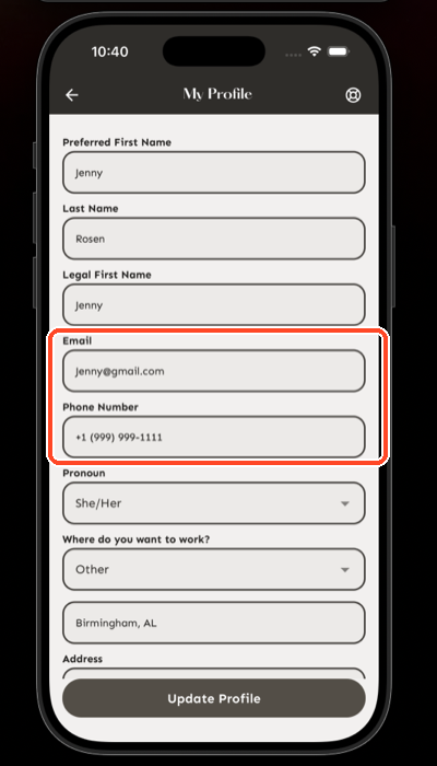 My Profile screen with editable Email and Phone Number fields and an Update Profile button
