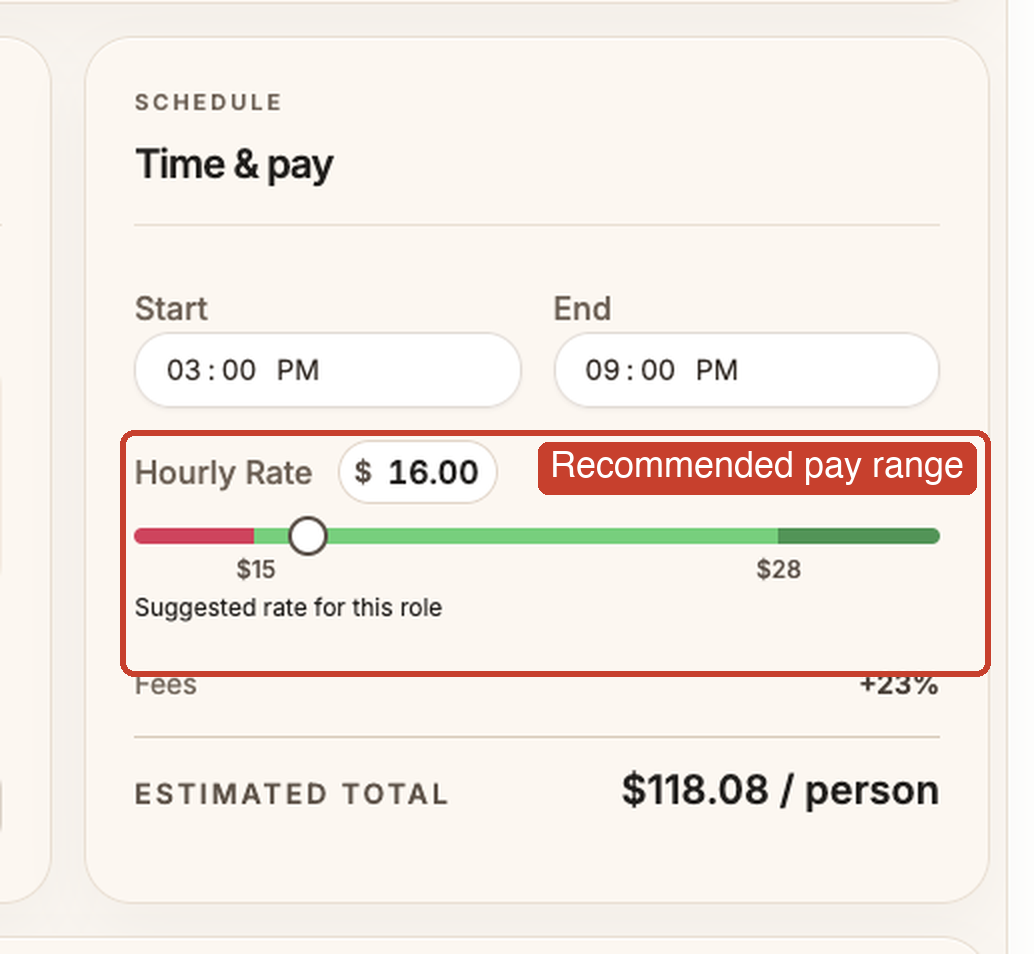 Close-up of Time and pay highlighting the recommended pay range slider