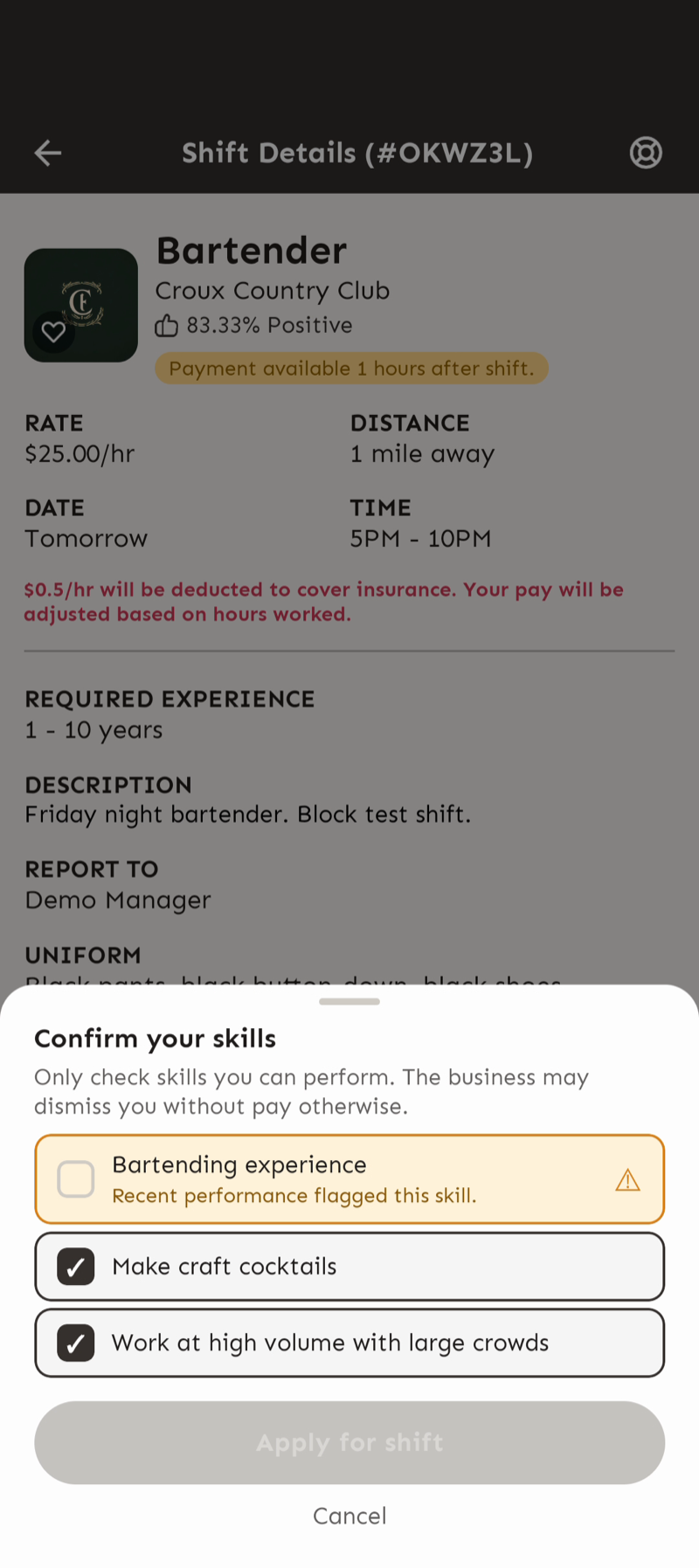 Confirm your skills checklist showing a flagged skill with the message Recent performance flagged this skill and its checkbox cleared