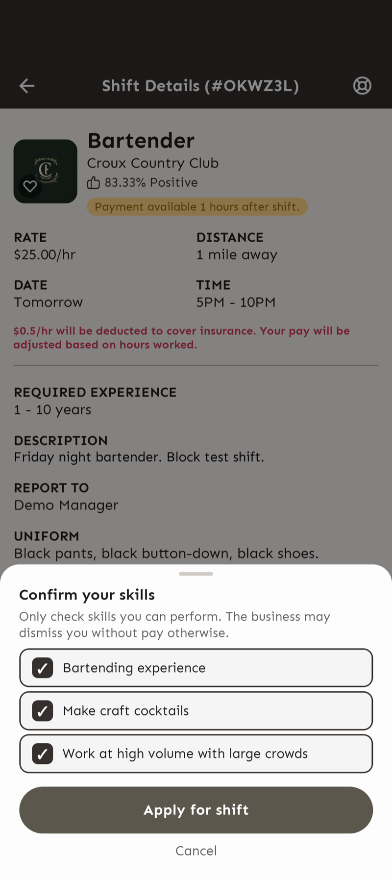 Confirm your skills checklist at apply with all required skills checked and the Apply for shift button enabled