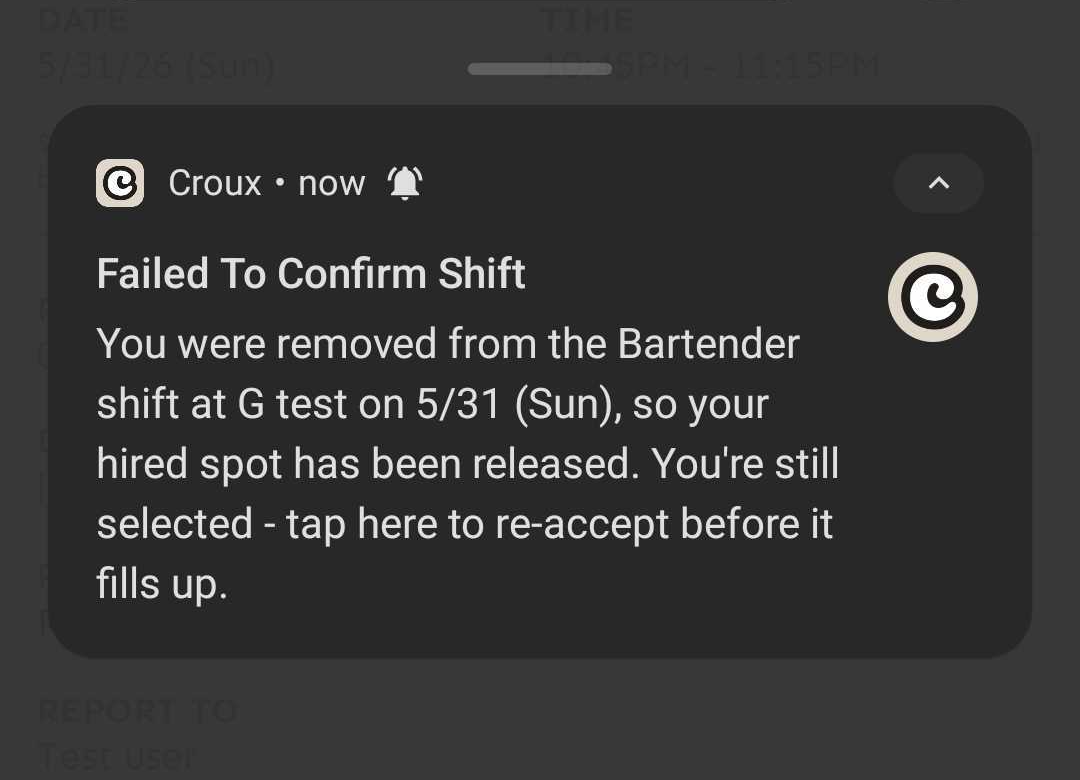 Notificación de Failed To Confirm Shift que te indica tocar para volver a aceptar antes de que el turno se llene